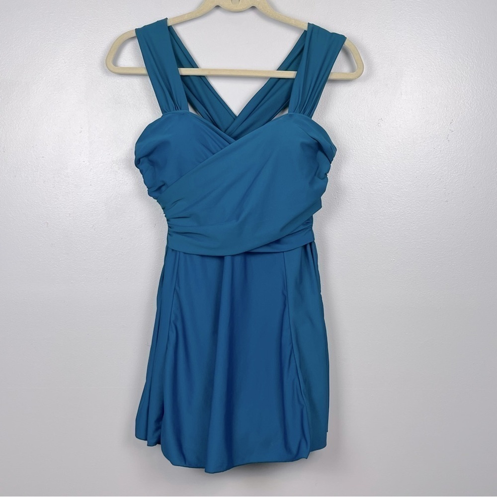 Cocopear teal green modest 1 piece skirted boy short swimsuit, size large.